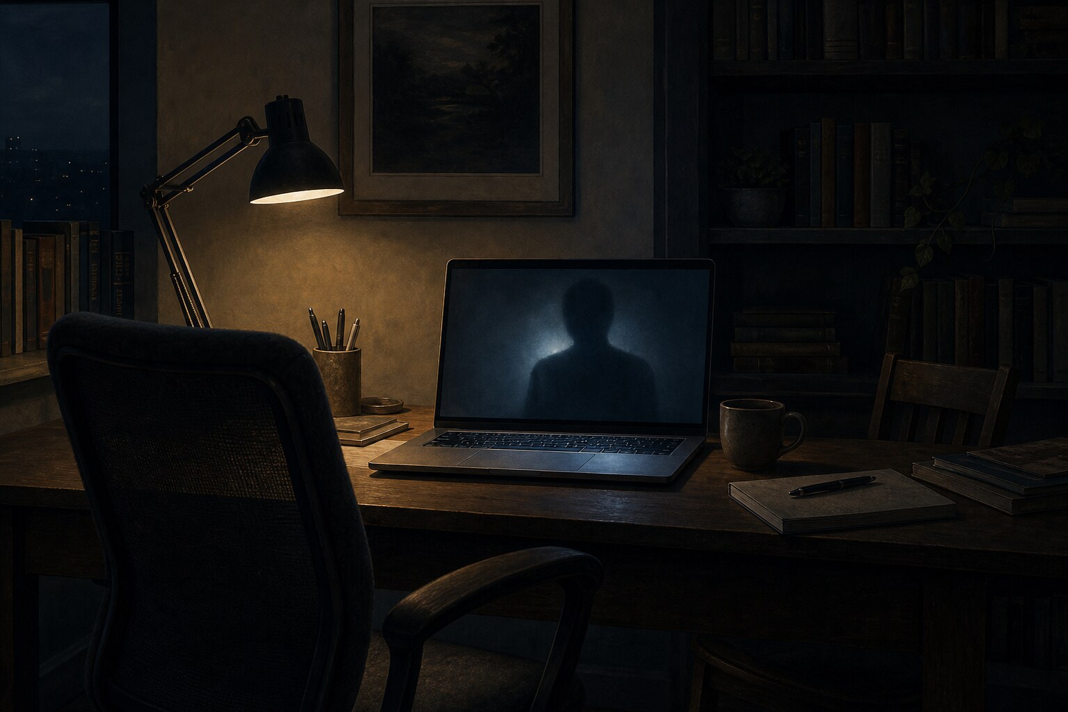 An empty chair facing a glowing screen with an ambiguous human-like reflection.