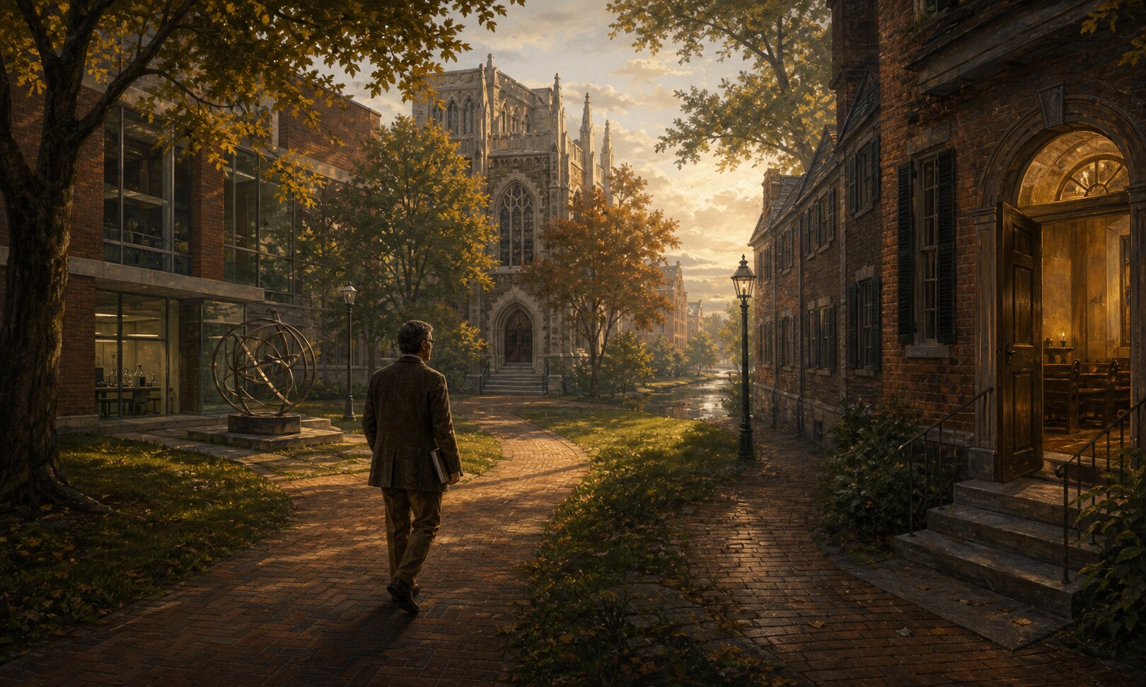 A solitary professor walking from modern campus paths toward older historical buildings.