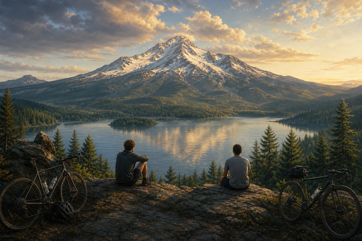 Two young cyclists seated by a mountain lake, seeing the same mountain differently.