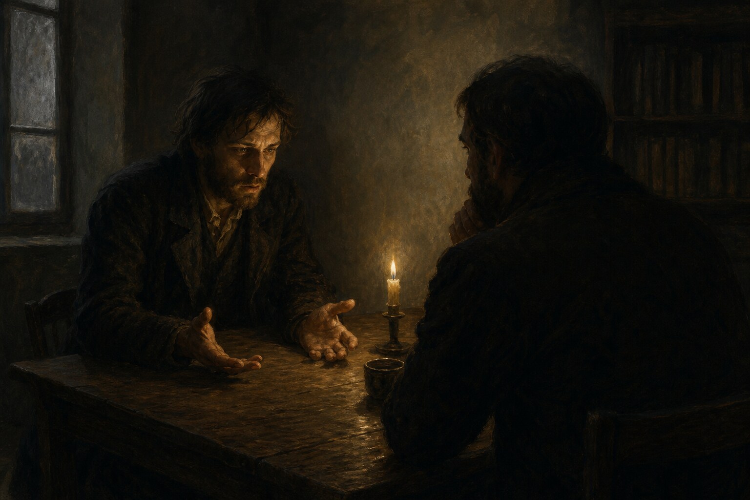 Two shadowed figures at a table in a dim room, one confessing with open hands.