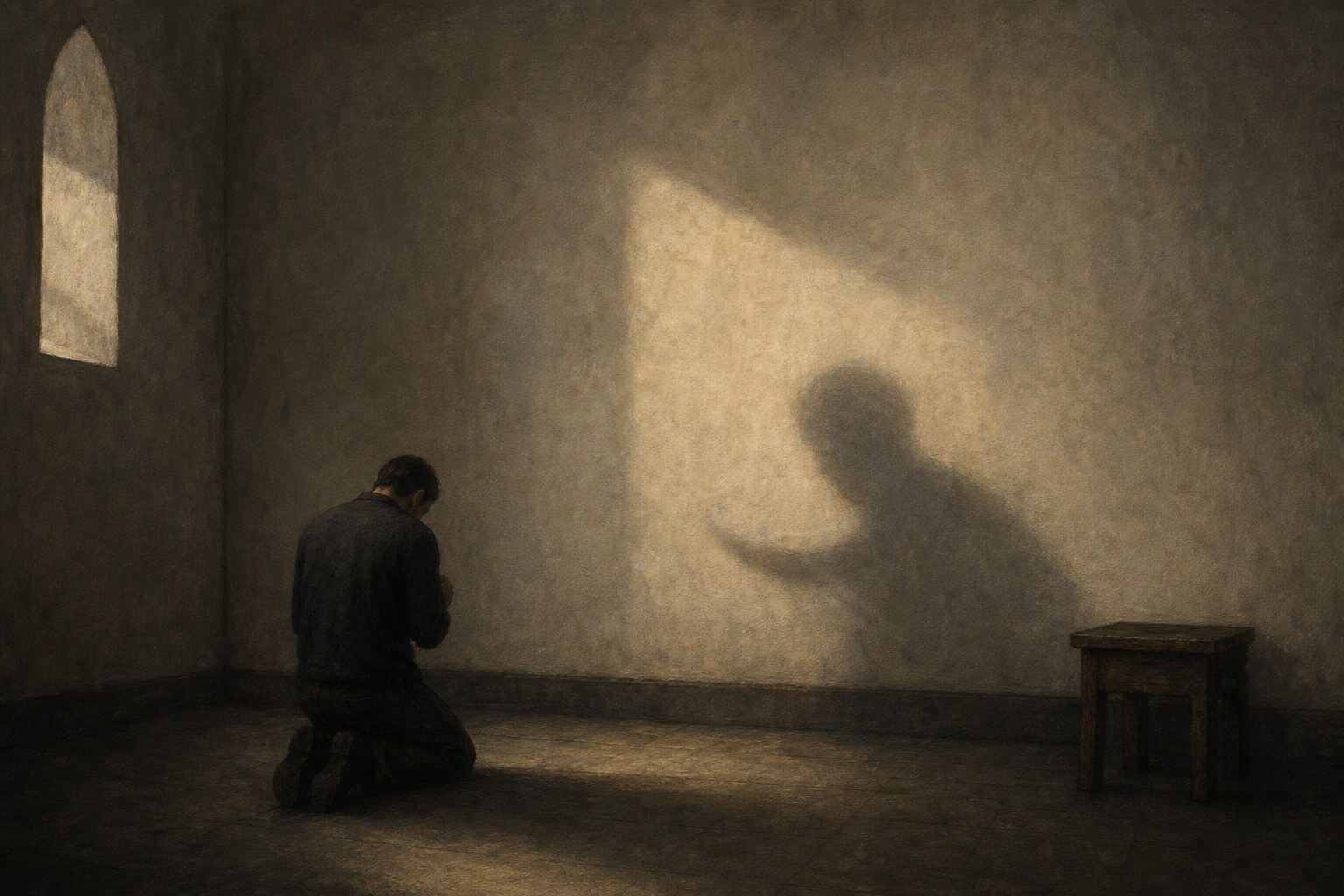 A kneeling figure praying beside a shadow that almost forms a toothless grin.