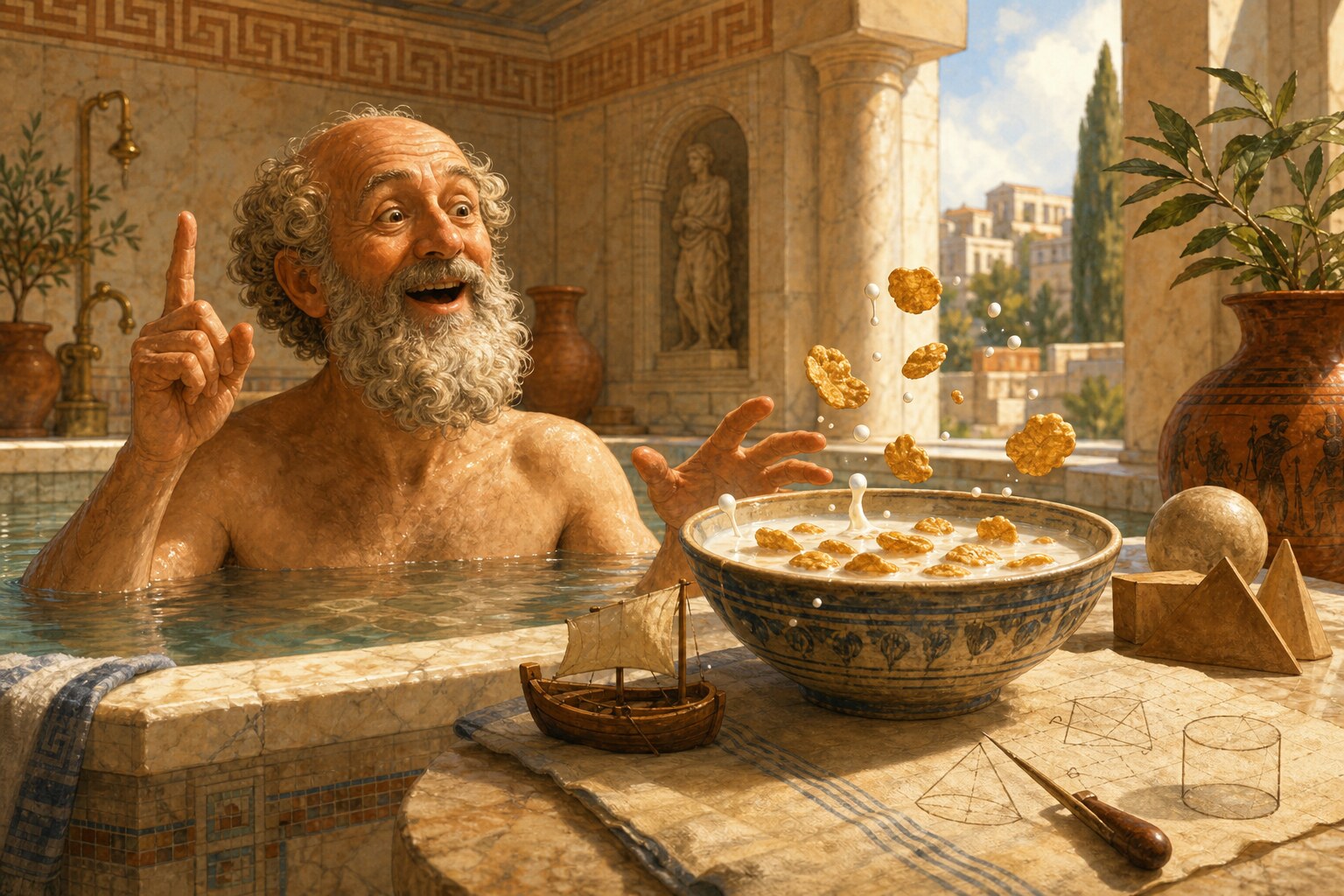 An Archimedes-like figure studying floating cereal beside a bath.