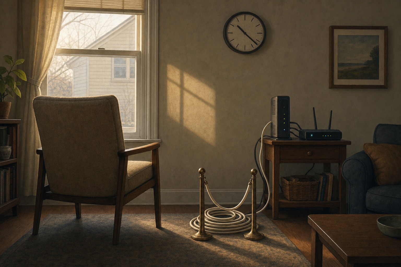 A quiet living room with a cable router, coiled cables, and an empty waiting chair.