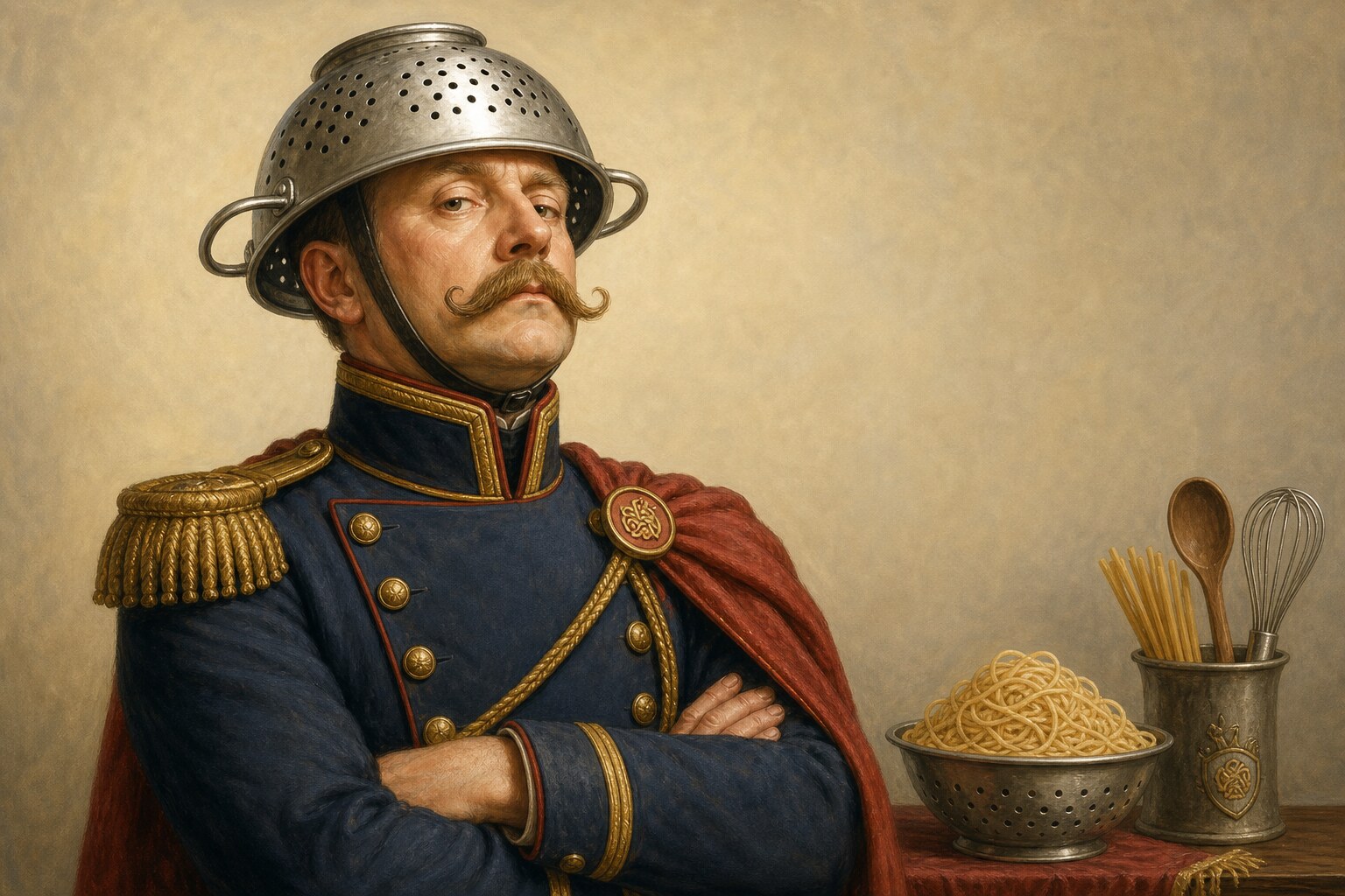 A solemn commander wearing a metal colander as a helmet.