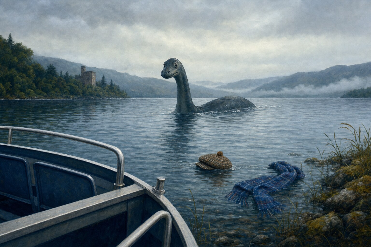 A Loch Ness-like creature surfacing in a misty Scottish lake.