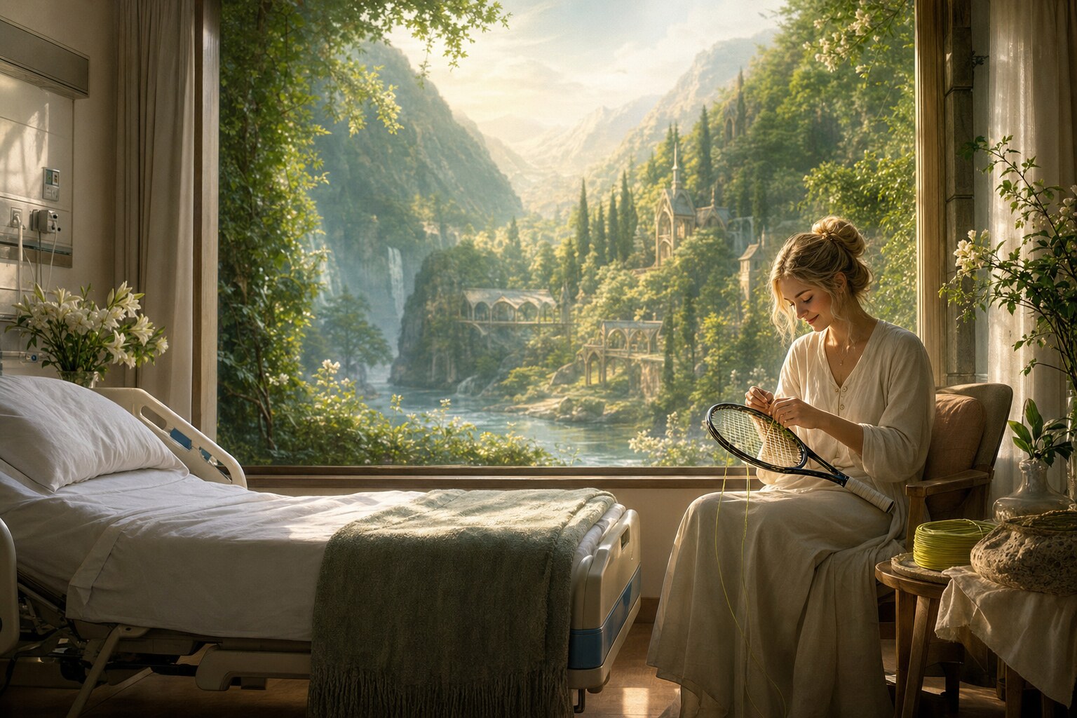 A luminous hospital room where a woman strings a tennis racquet beside an empty bed.