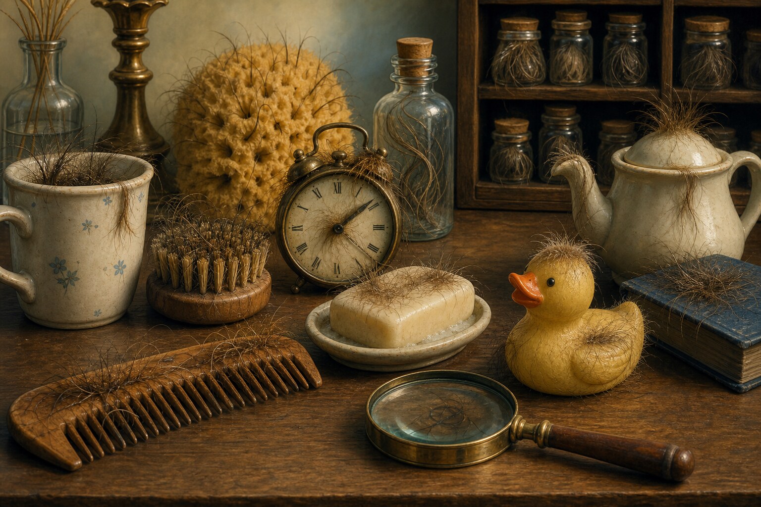 A whimsical still life of harmless hair tufts on a curiosity table.