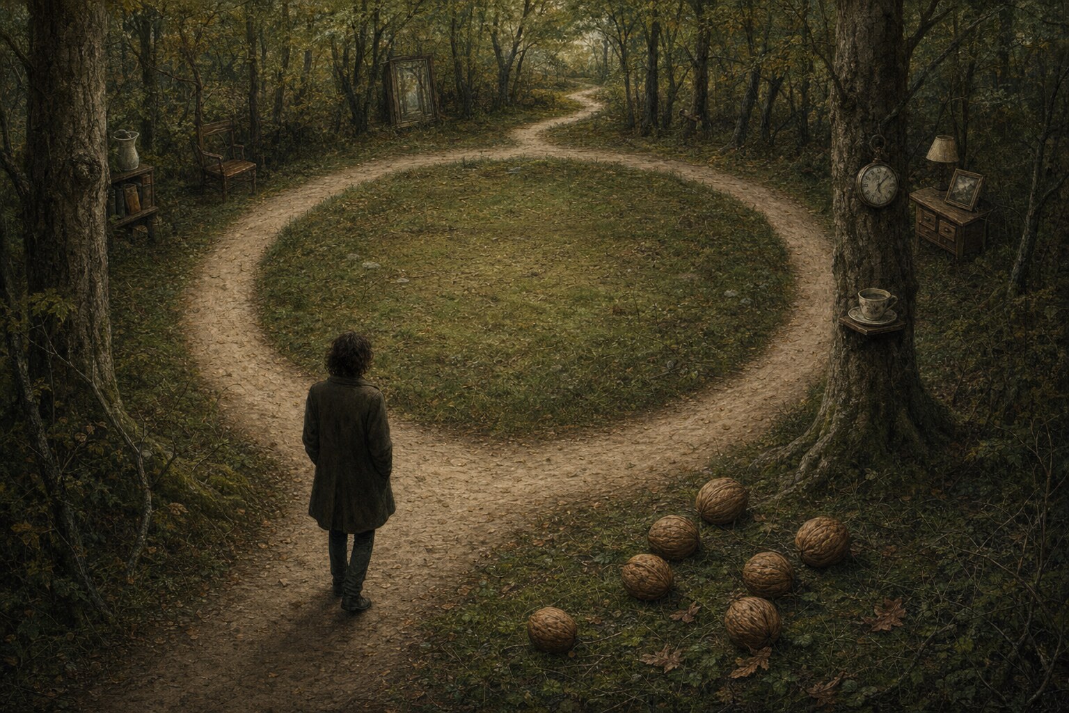 A circular woodland path with an empty center and walnuts gathered nearby.