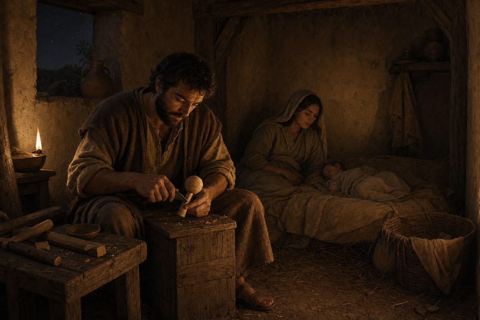 Joseph carving a wooden rattle by lamplight while Mary rests with the infant Jesus.
