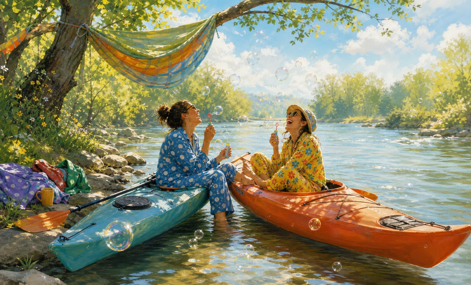 Two people in bright pajamas laughing by touching kayaks and rising bubbles.