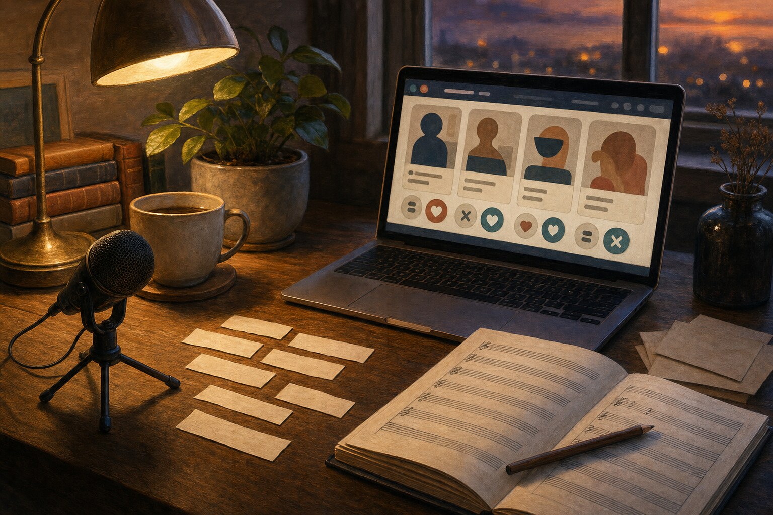 A desk with an abstract laptop profile, microphone, music, and blank haiku slips.
