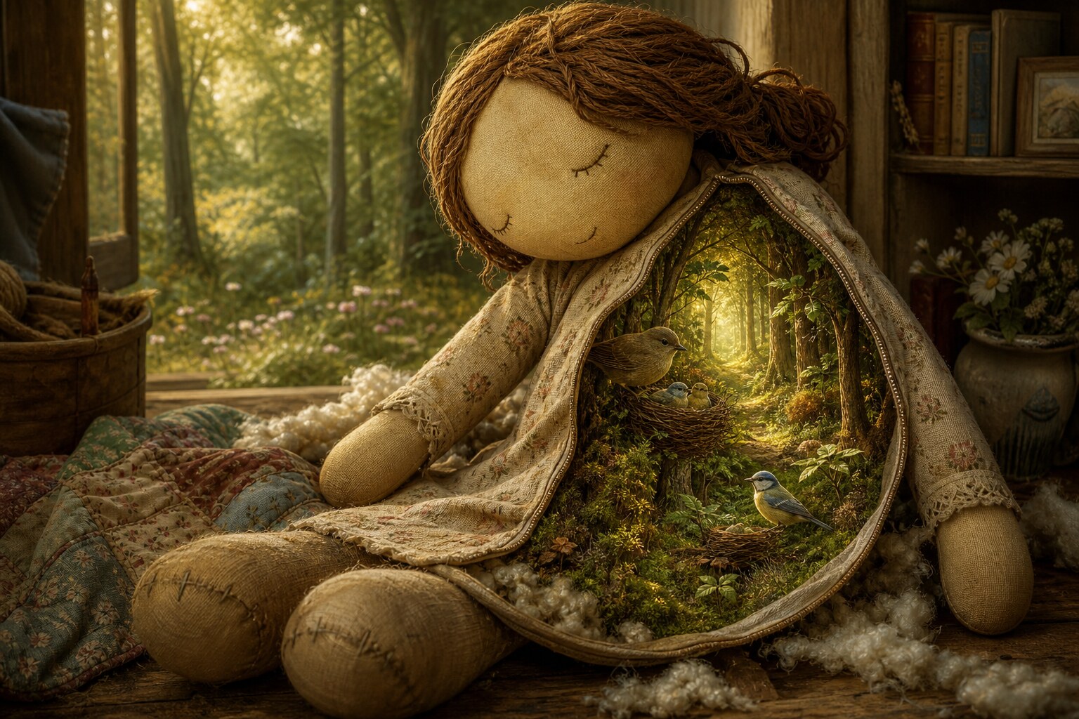 A worn cloth doll opening into a luminous forest home.