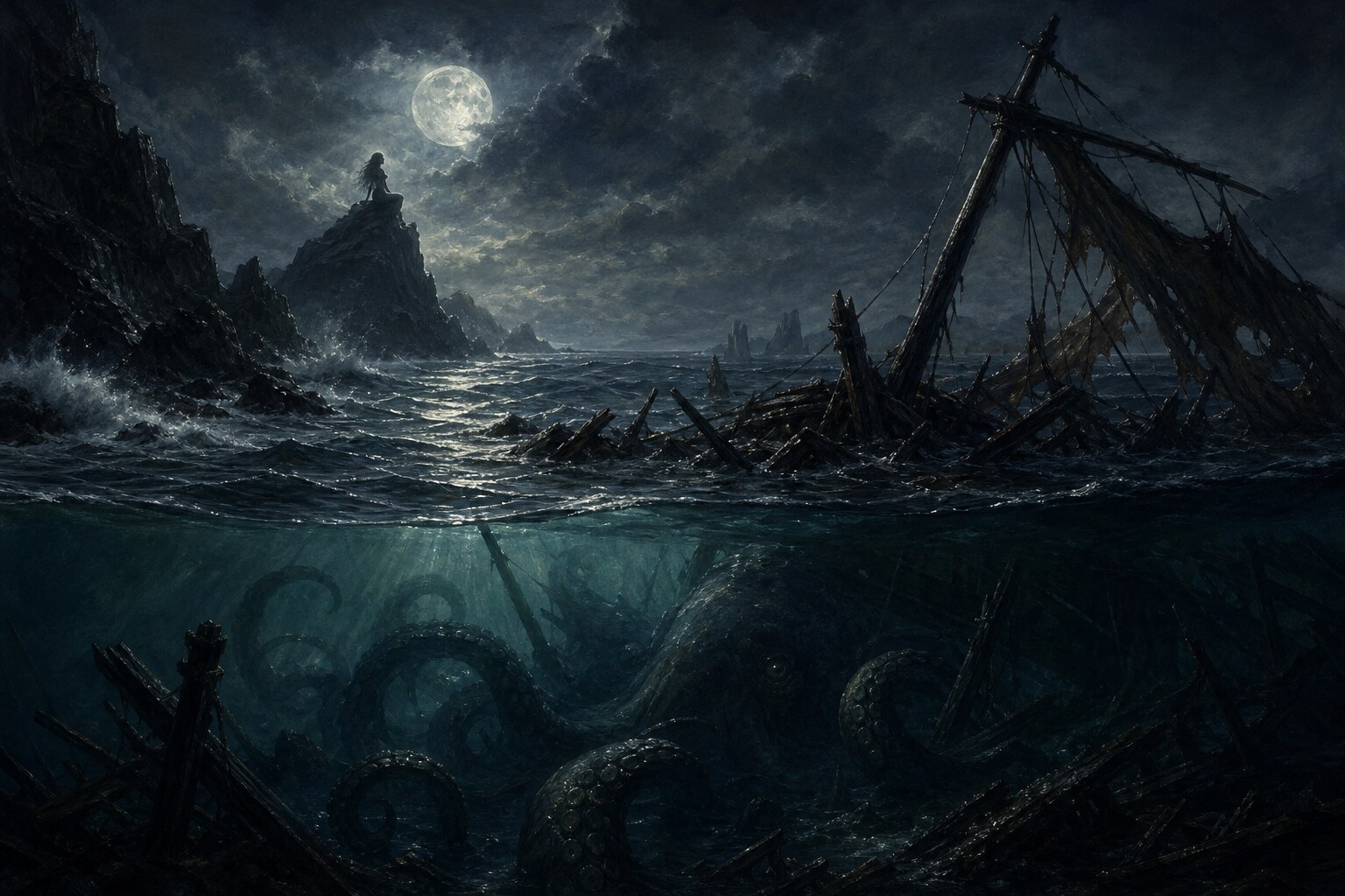 A storm-dark shore with shipwreck debris, a distant siren silhouette, and hidden tentacles under water.
