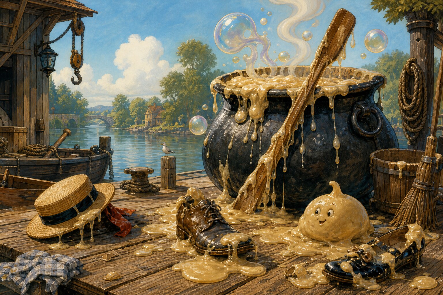 A riverside dock with a giant sticky pot, oar, shoes, and a round blob of goo.