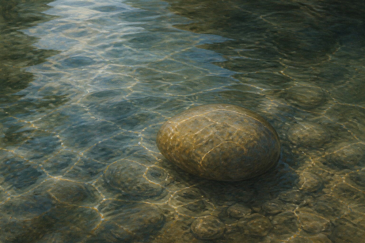 A smooth warm stone submerged under rippling pool water.