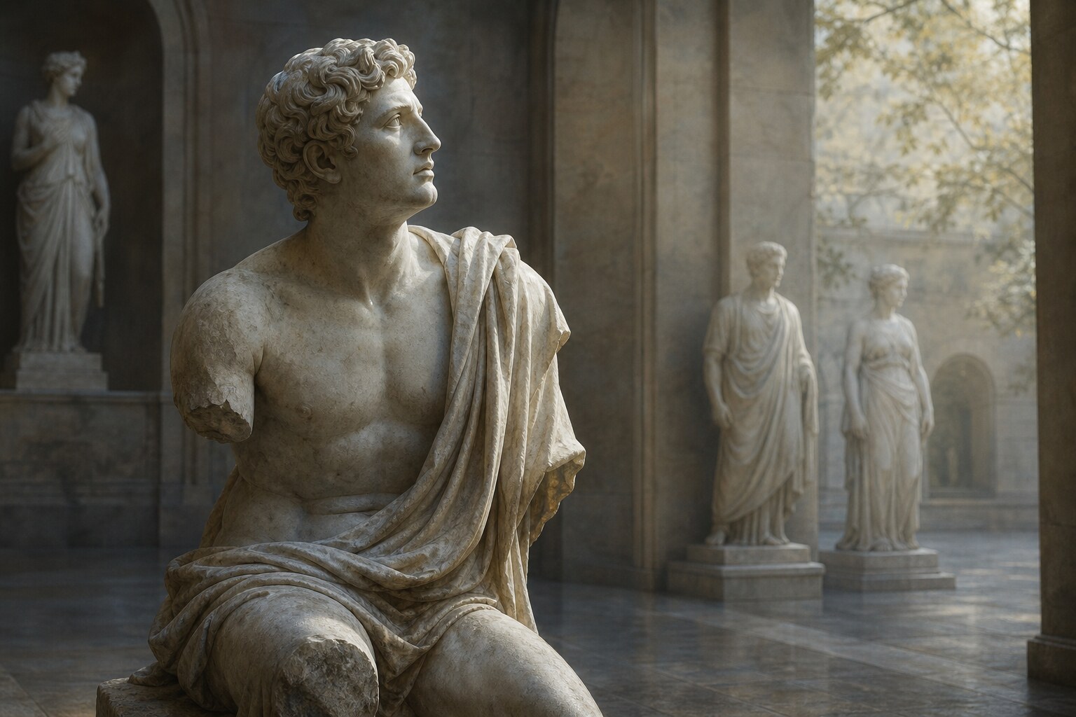 A damaged classical statue set apart from unbroken statues in soft light.