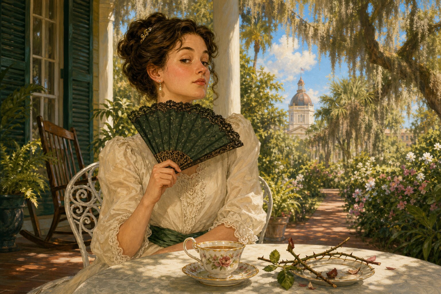 A poised young woman on a sunny Southern porch with a fan and thorned rose branch.