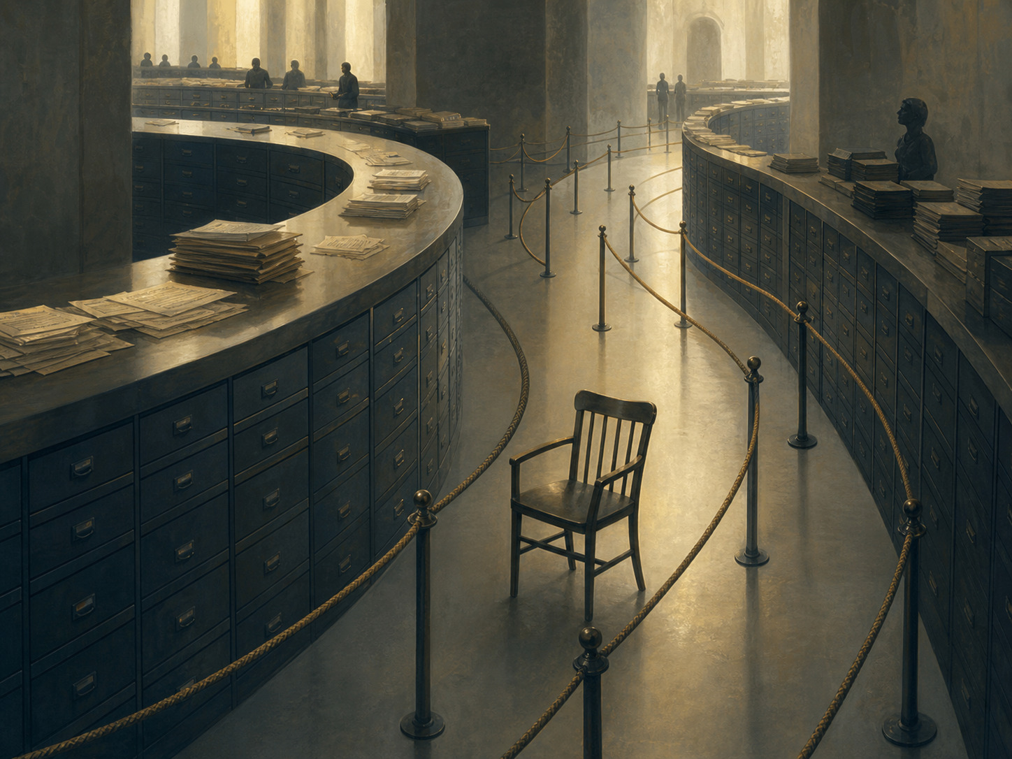 A vast administrative hall with curved file counters, guide rails, and an empty chair.