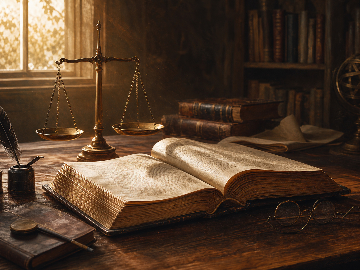 A library table with an old open book, a balance scale, reading glasses, and window light.