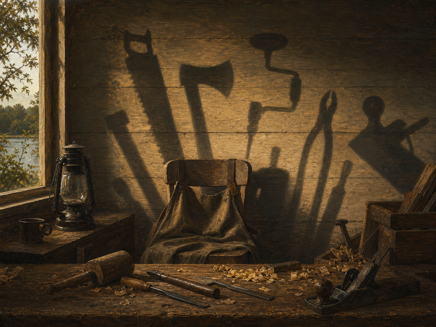 A rustic cabin workbench where hand tools cast long shadows across a wall.