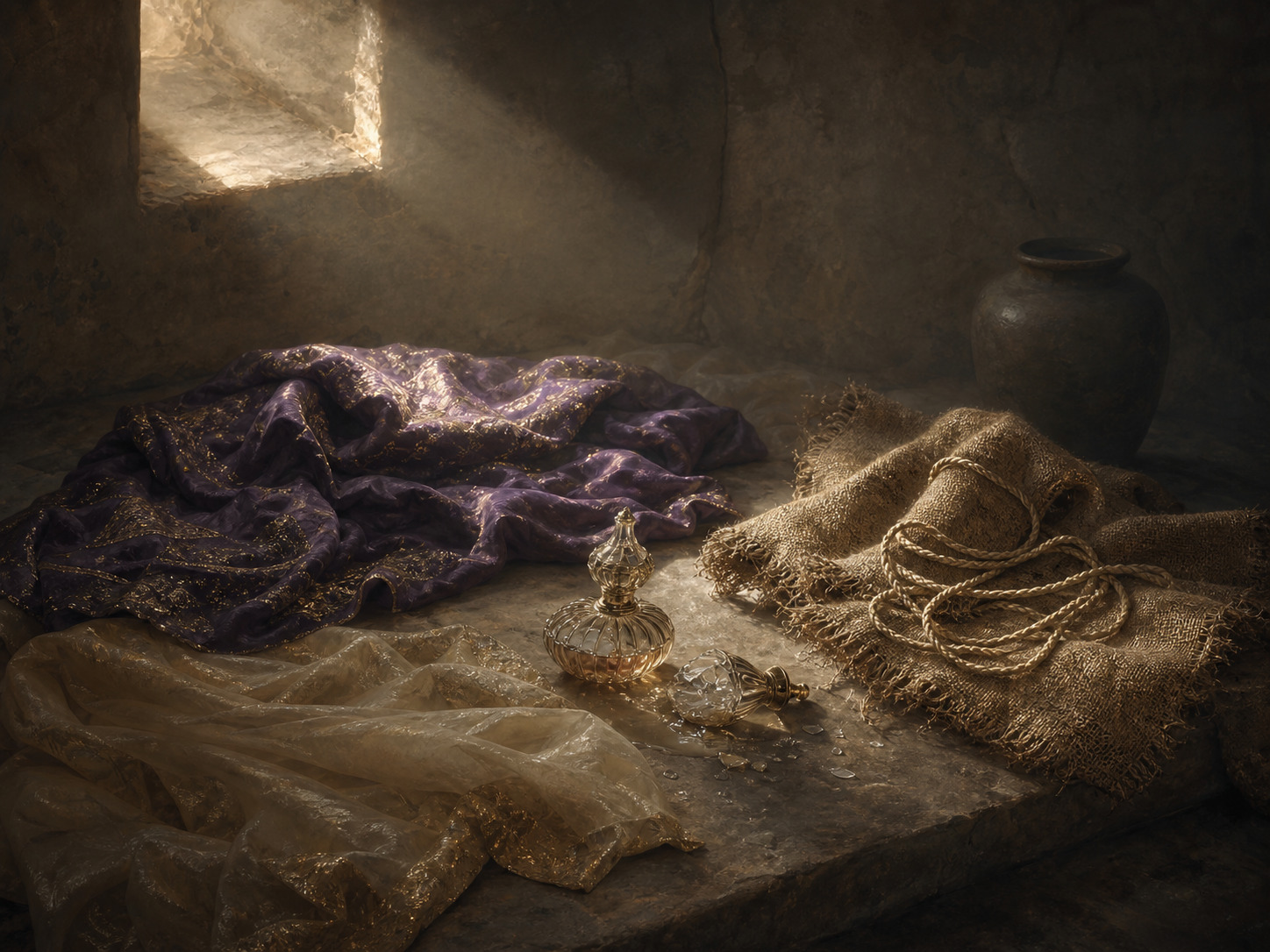 Discarded fine cloth, a broken perfume vessel, rope, and sackcloth in severe light.