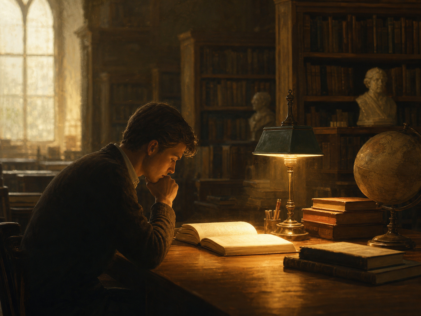 A quiet university reading room with books, a globe, and a single lamp-lit open volume.