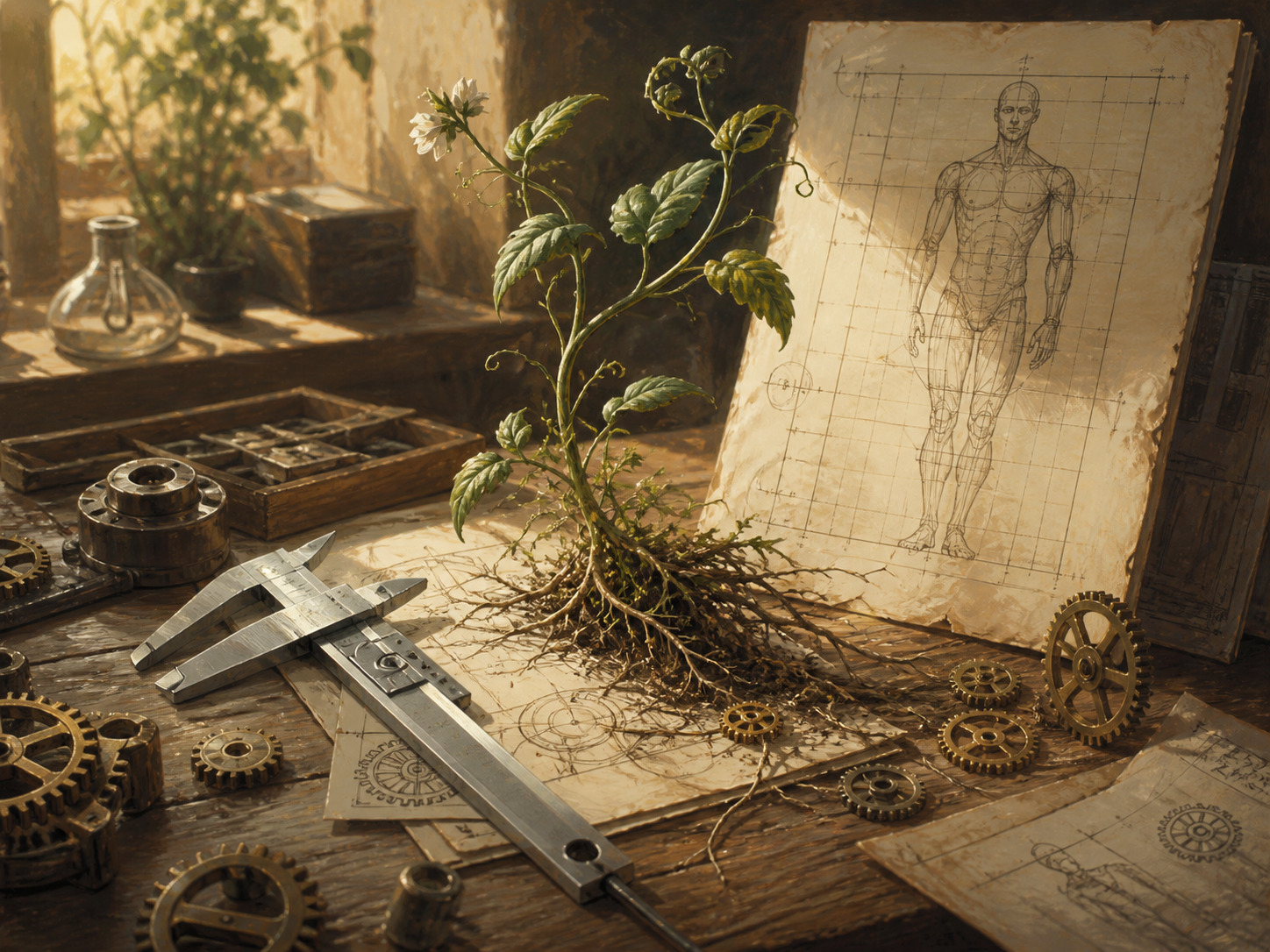 A delicate plant form on a worktable beside gears, calipers, and a mechanical blueprint.