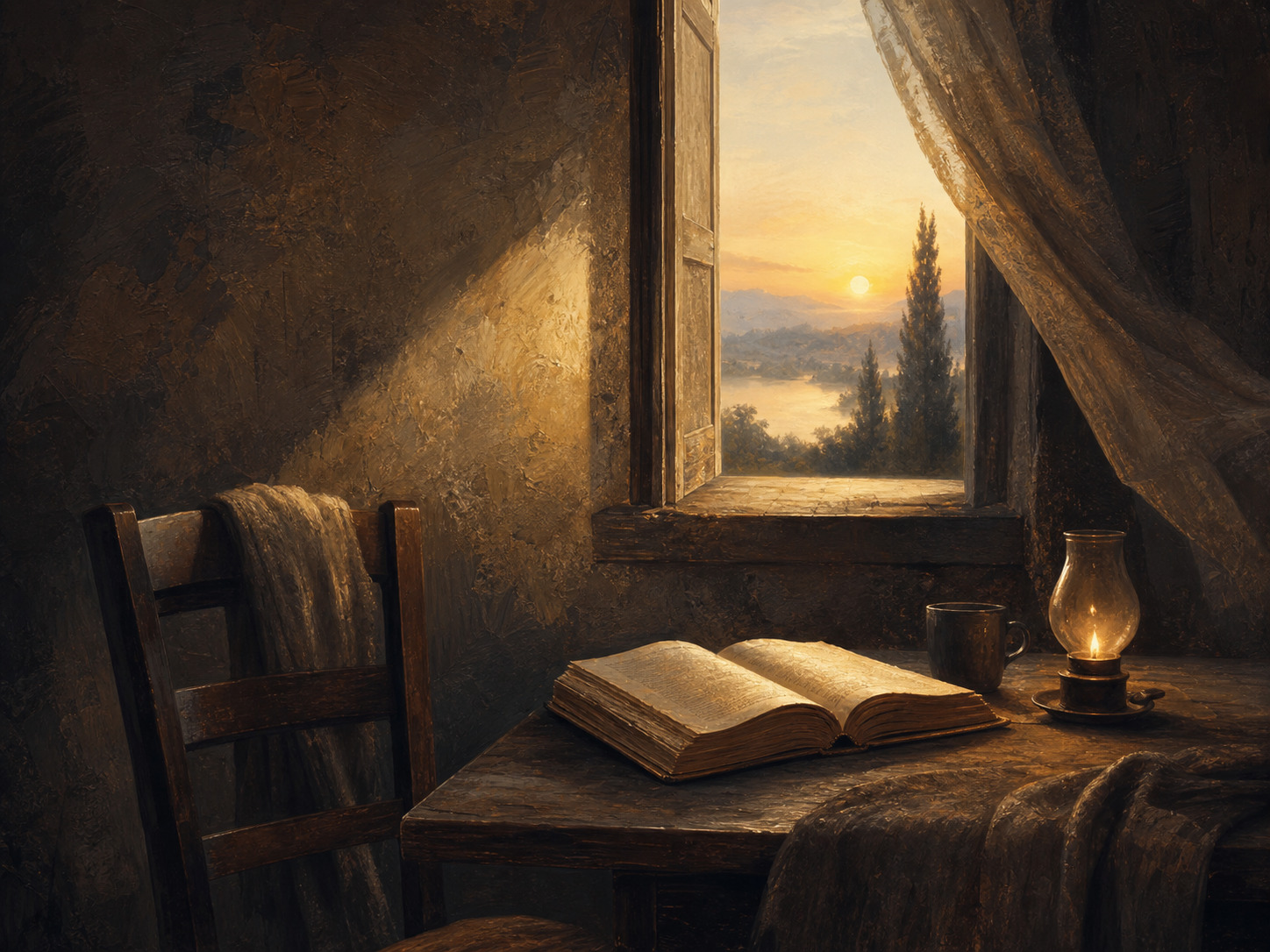 A dim room near dawn with an open window, simple chair, ancient-looking book, and warm light.