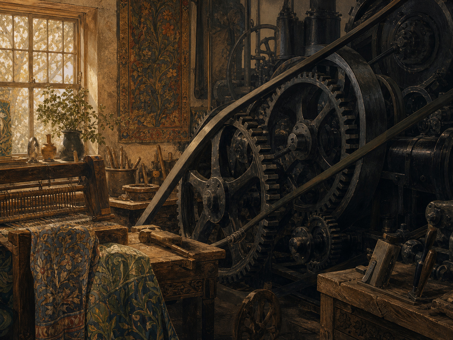An Arts and Crafts workshop with handmade textiles and a dark machine intruding beside them.
