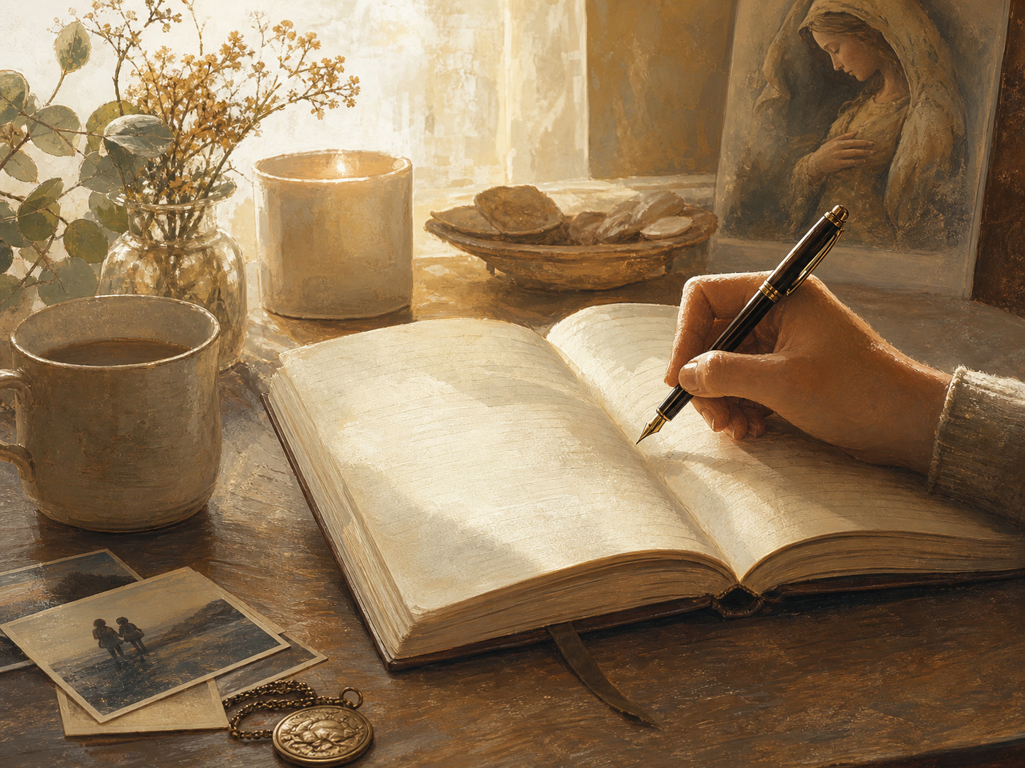 A warm desk scene with an open journal, fountain pen, candle, and morning light.