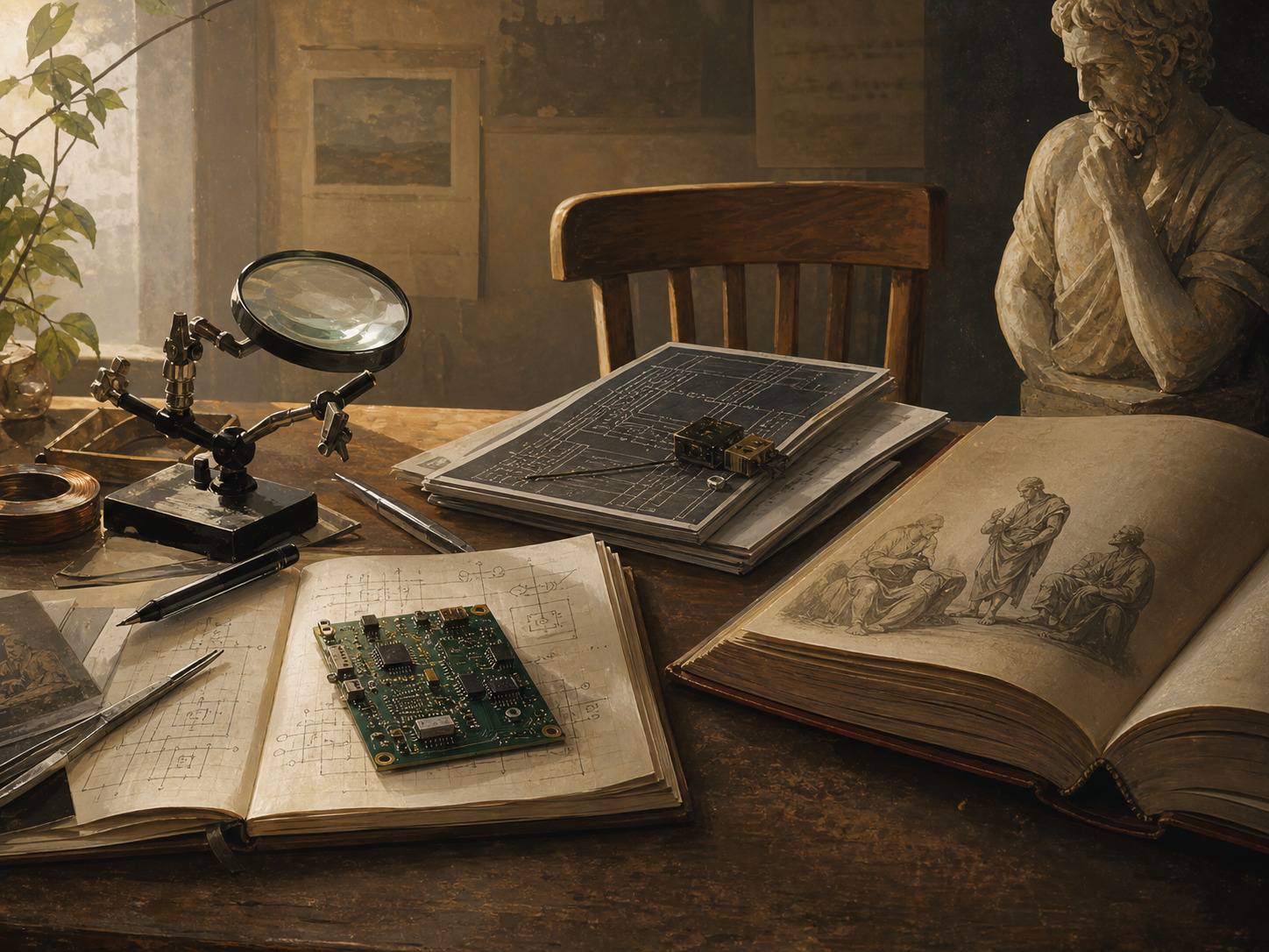 An academic desk with instruments, circuit boards, notes, and an open book.