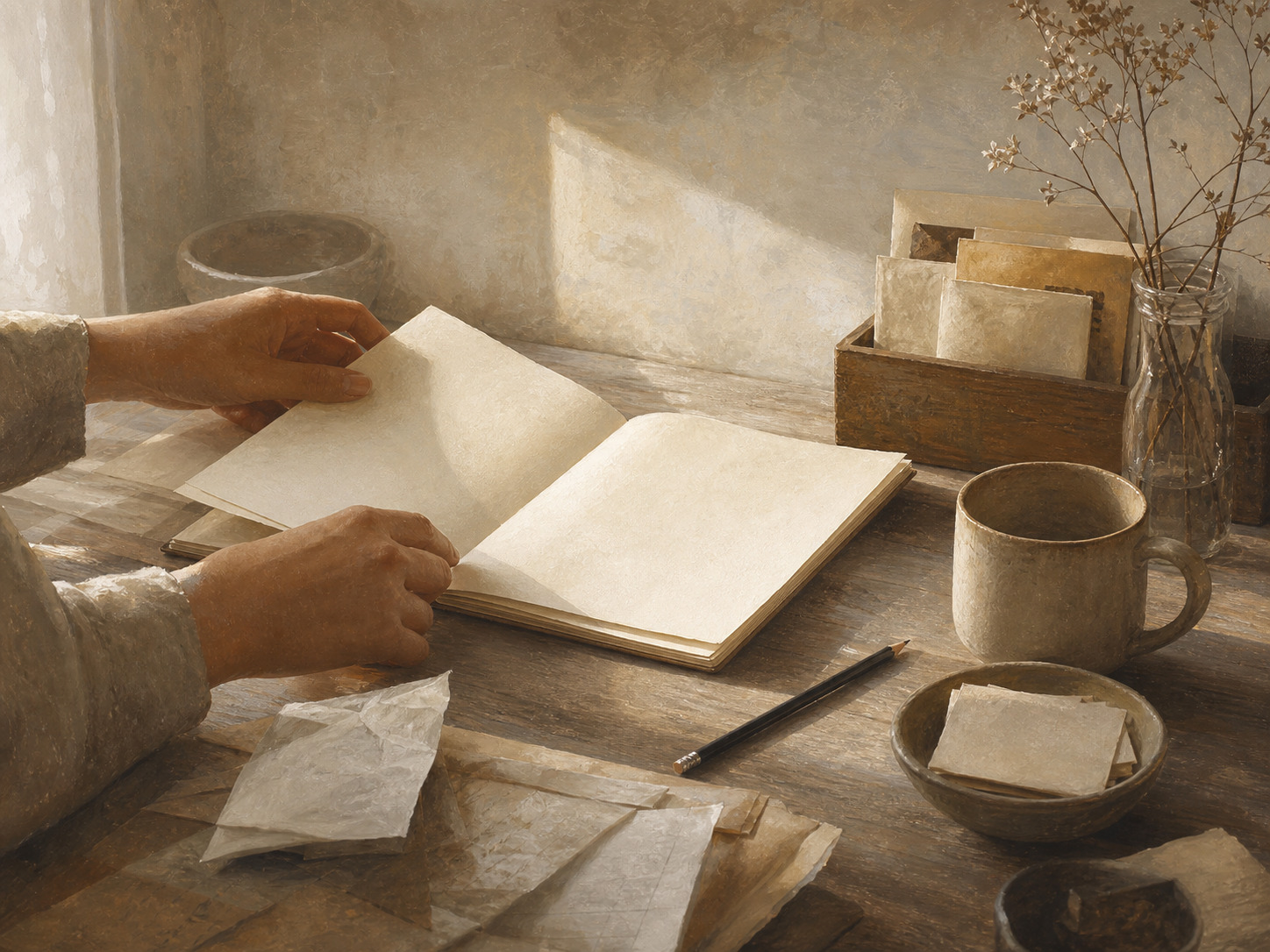 A quiet writing table with blank pages, draft sheets, pencils, and open space.