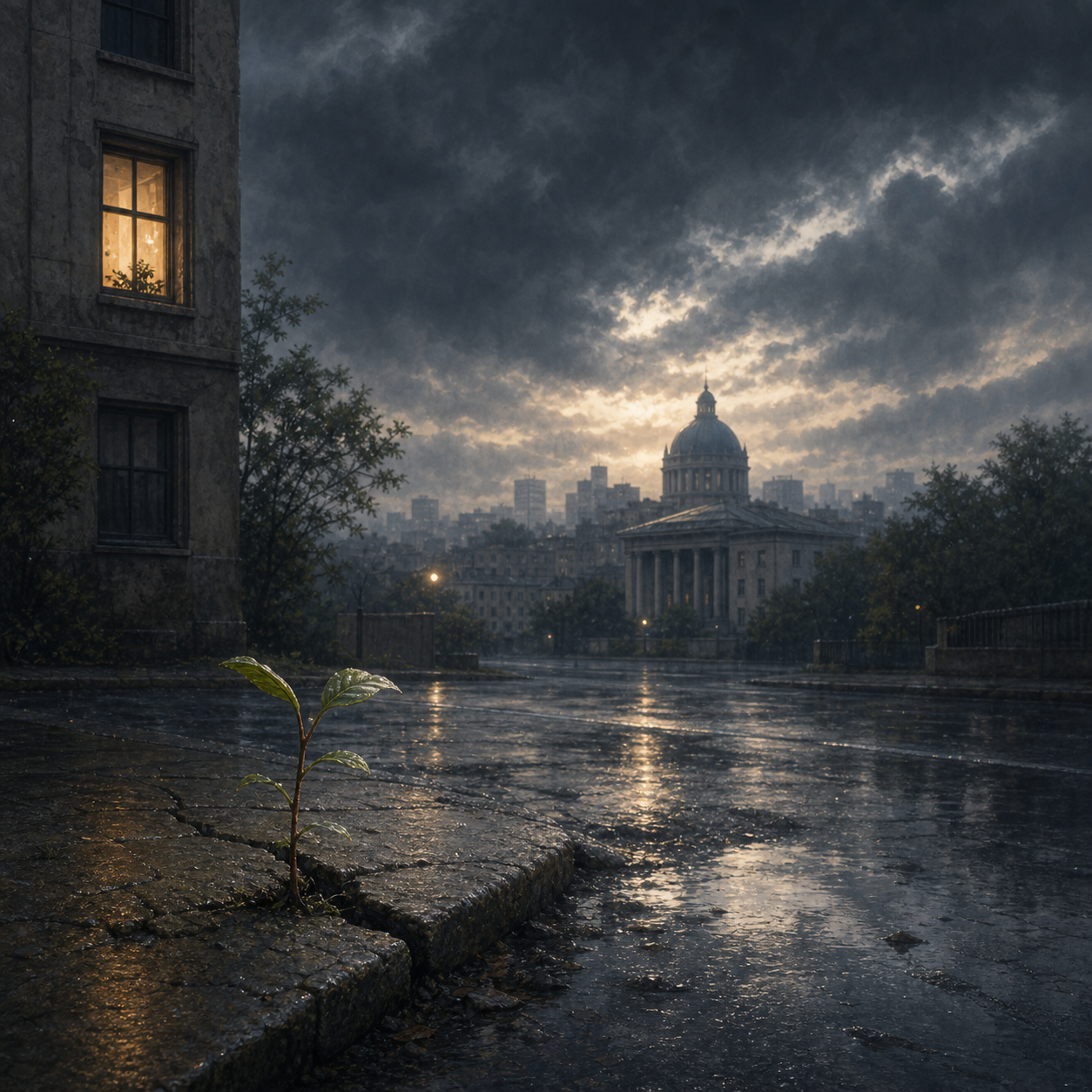 AI-generated editorial illustration of a quiet storm-darkened city street with one warm lit window and a small sprout by cracked pavement.