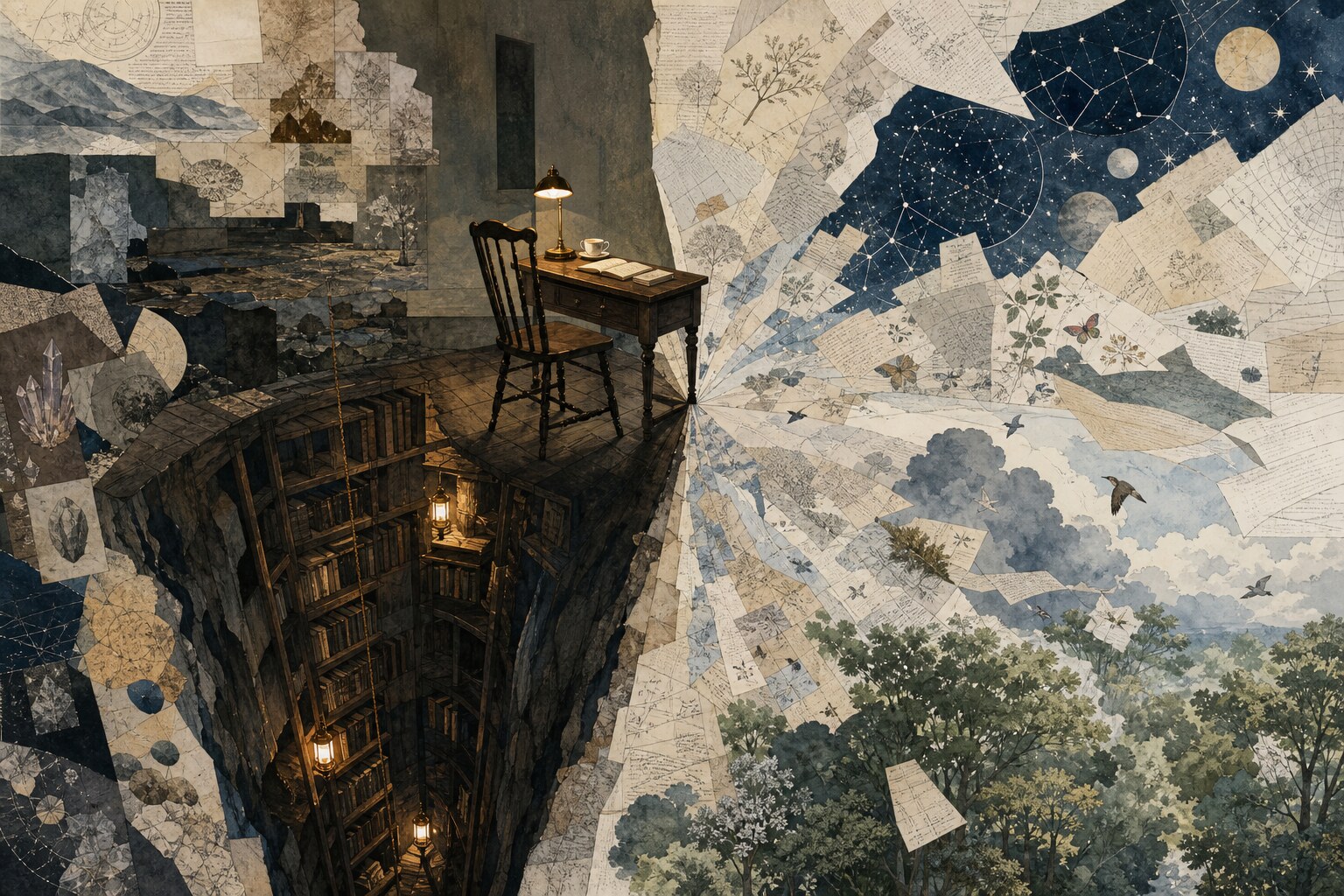 AI-generated mixed-media study where books descend into a mine shaft on one side and spread into a canopy of pages and field notes on the other.