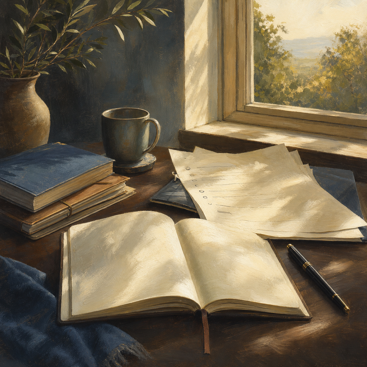 AI-generated editorial illustration of a quiet writing desk with an open notebook, a pen, and a loosened lecture outline in soft daylight.