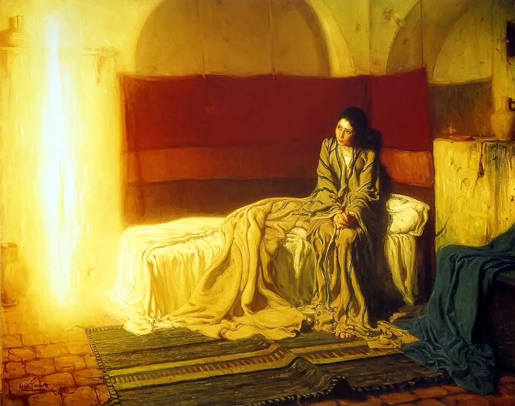 Henry Ossawa Tanner's painting The Annunciation, with Mary seated in a sparse room before a column of golden light.