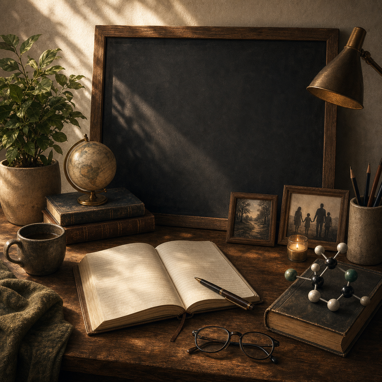 AI-generated editorial illustration of a teaching desk with an open notebook, reading glasses, a plant, and a small scientific model.