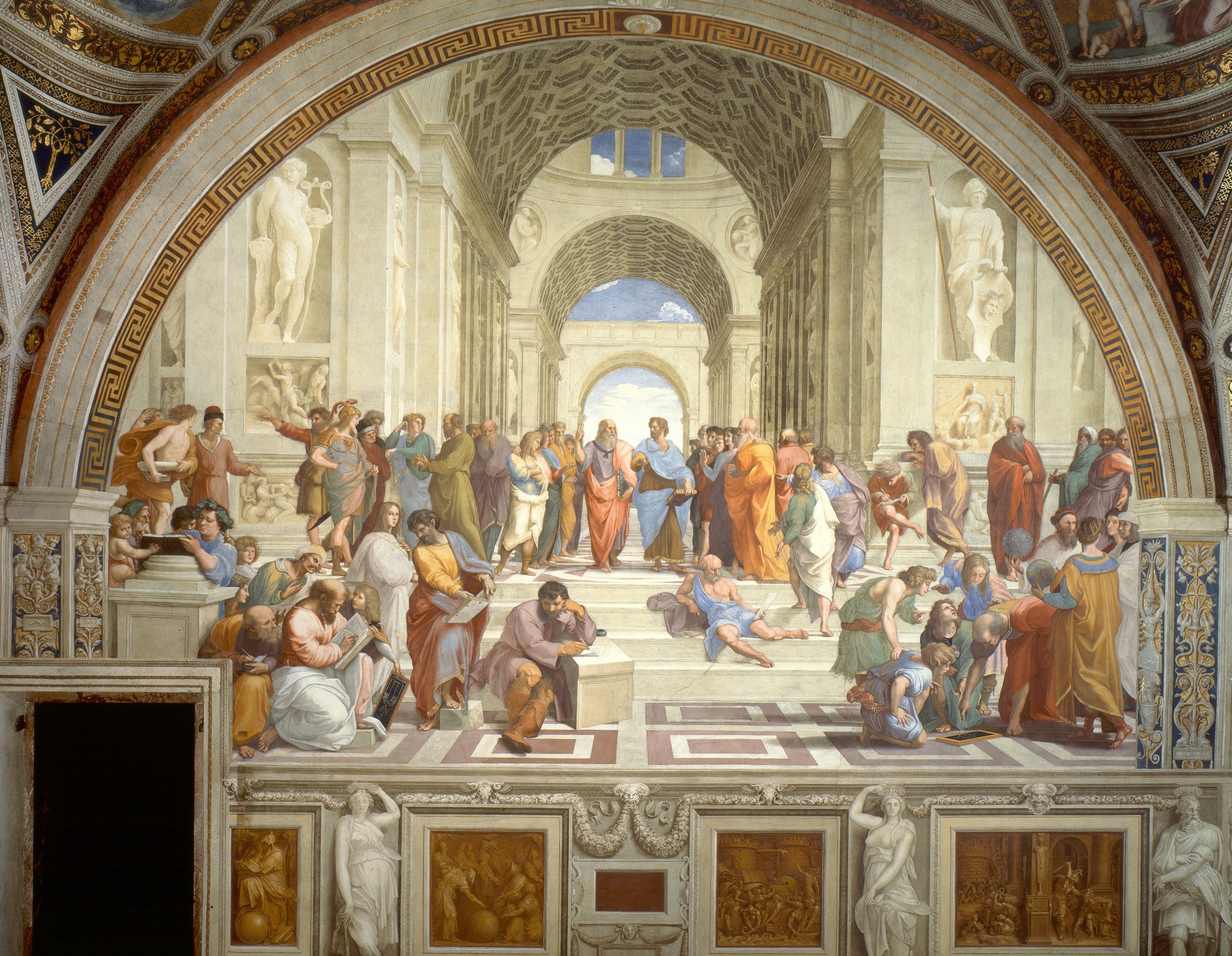 Raphael's The School of Athens, with philosophers and students gathered in an open architectural space.