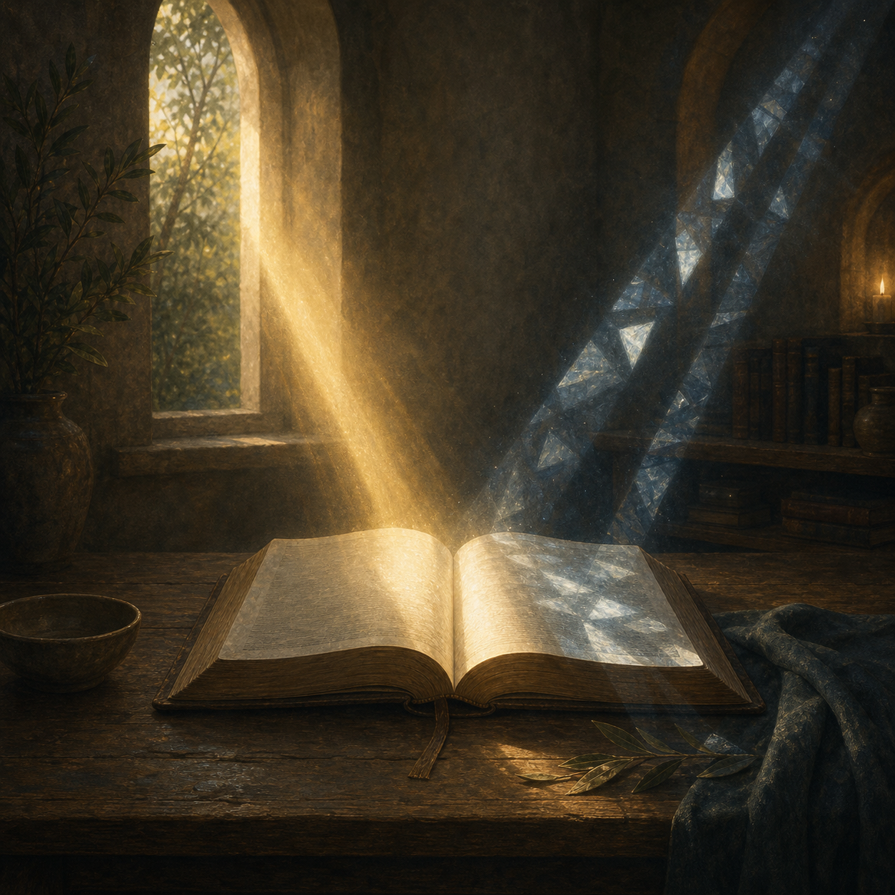 AI-generated editorial illustration of an unlabeled open book in a quiet reading room with two contrasting paths of light across the pages.