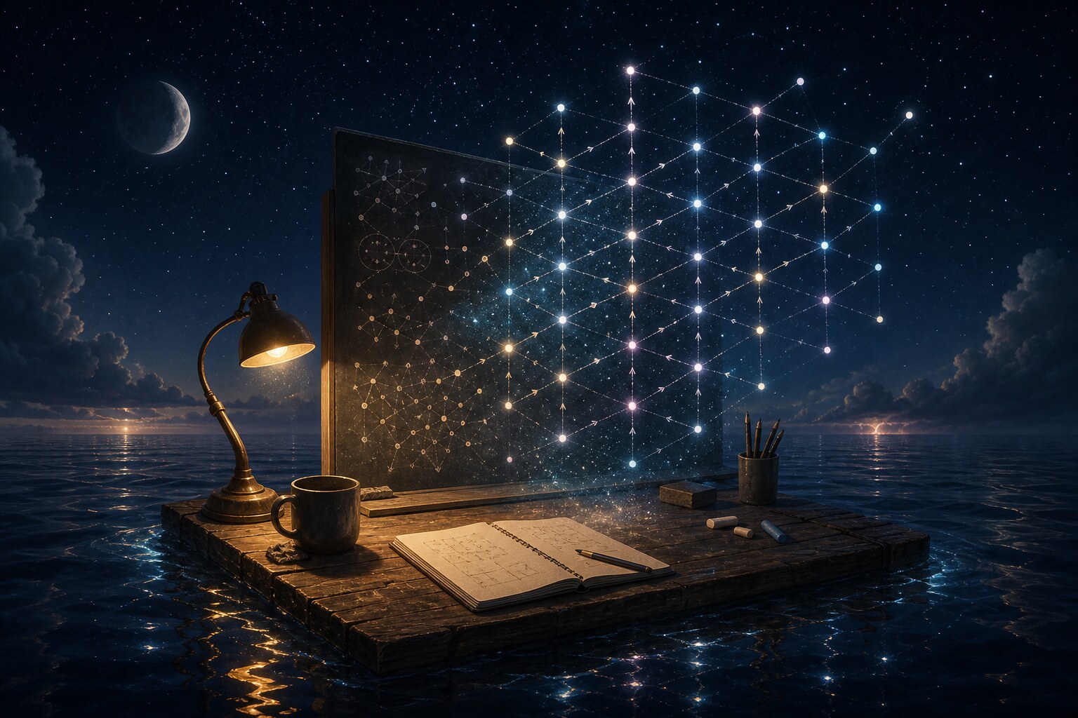 AI-generated night scene of a small desk floating on dark water, with a glowing finite lattice rising from a chalkboard like constellations.