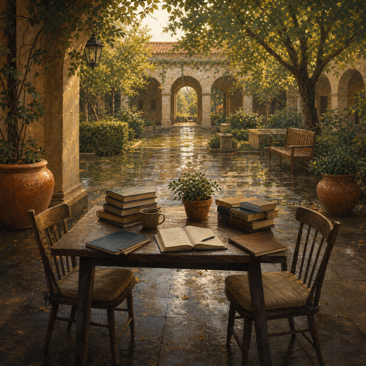 AI-generated editorial illustration of two empty chairs facing a shared table with books, a cup, and a plant in a quiet courtyard.