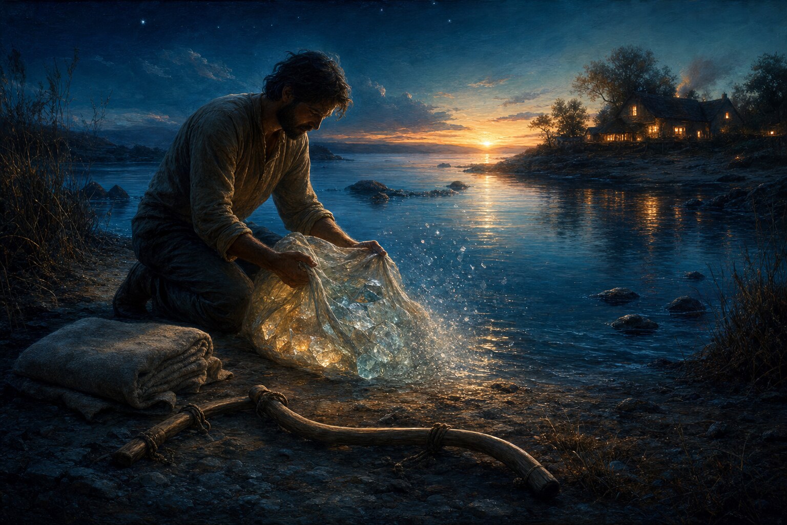AI-generated symbolic shore scene of a person setting down a translucent stone pack near water as dawn light begins to dissolve the weight.