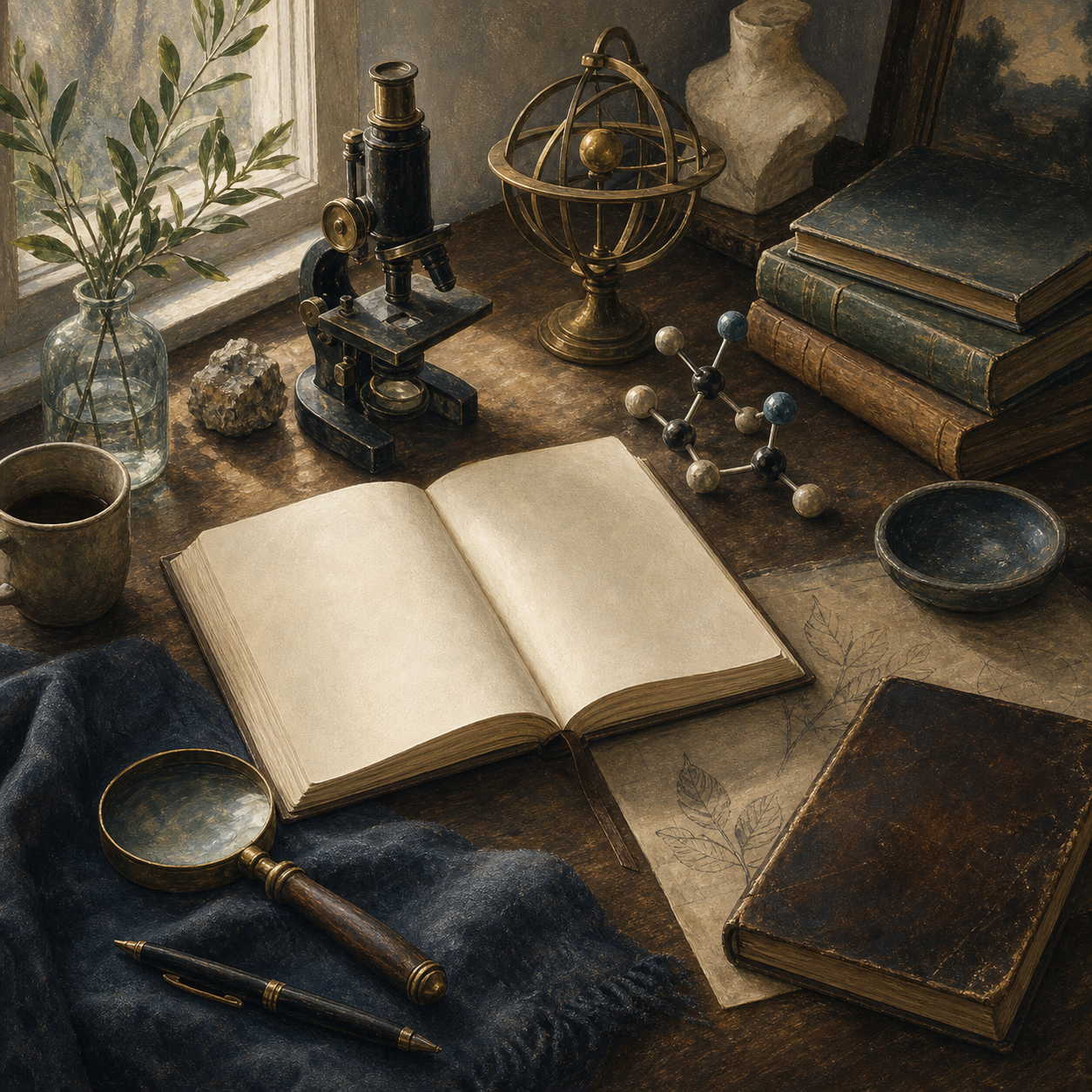 AI-generated editorial illustration of a quiet desk with an open notebook, magnifying glass, scientific model, and worn book.