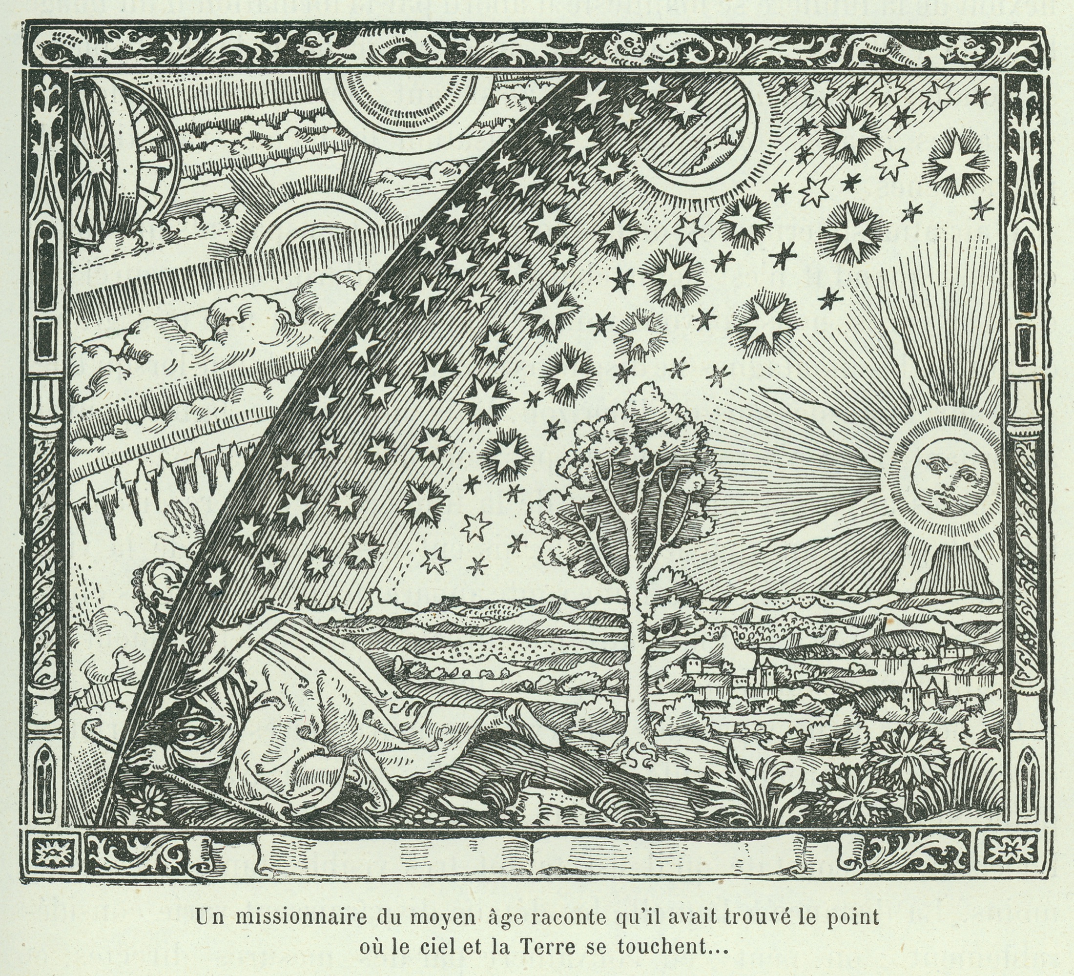The Flammarion woodcut, showing a traveler kneeling at the edge of the world and looking beyond the sky.