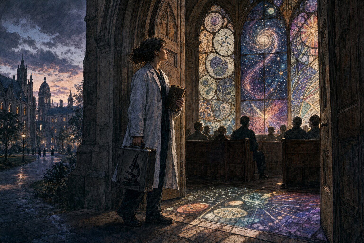 AI-generated threshold scene of a scientist at a chapel doorway holding a microscope case and prayer book as stained glass becomes cells, galaxies, and light.