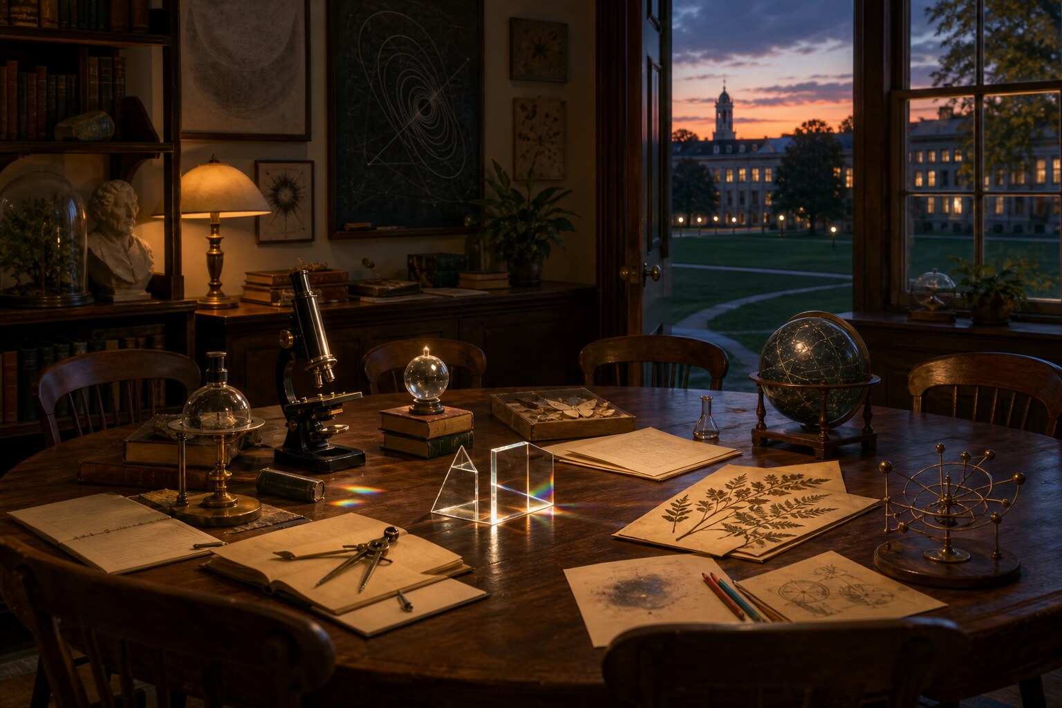 AI-generated seminar-room cabinet of curiosity with a microscope, compass, prisms, star globe, notebooks, and a dynamical-system model arranged on a round table.