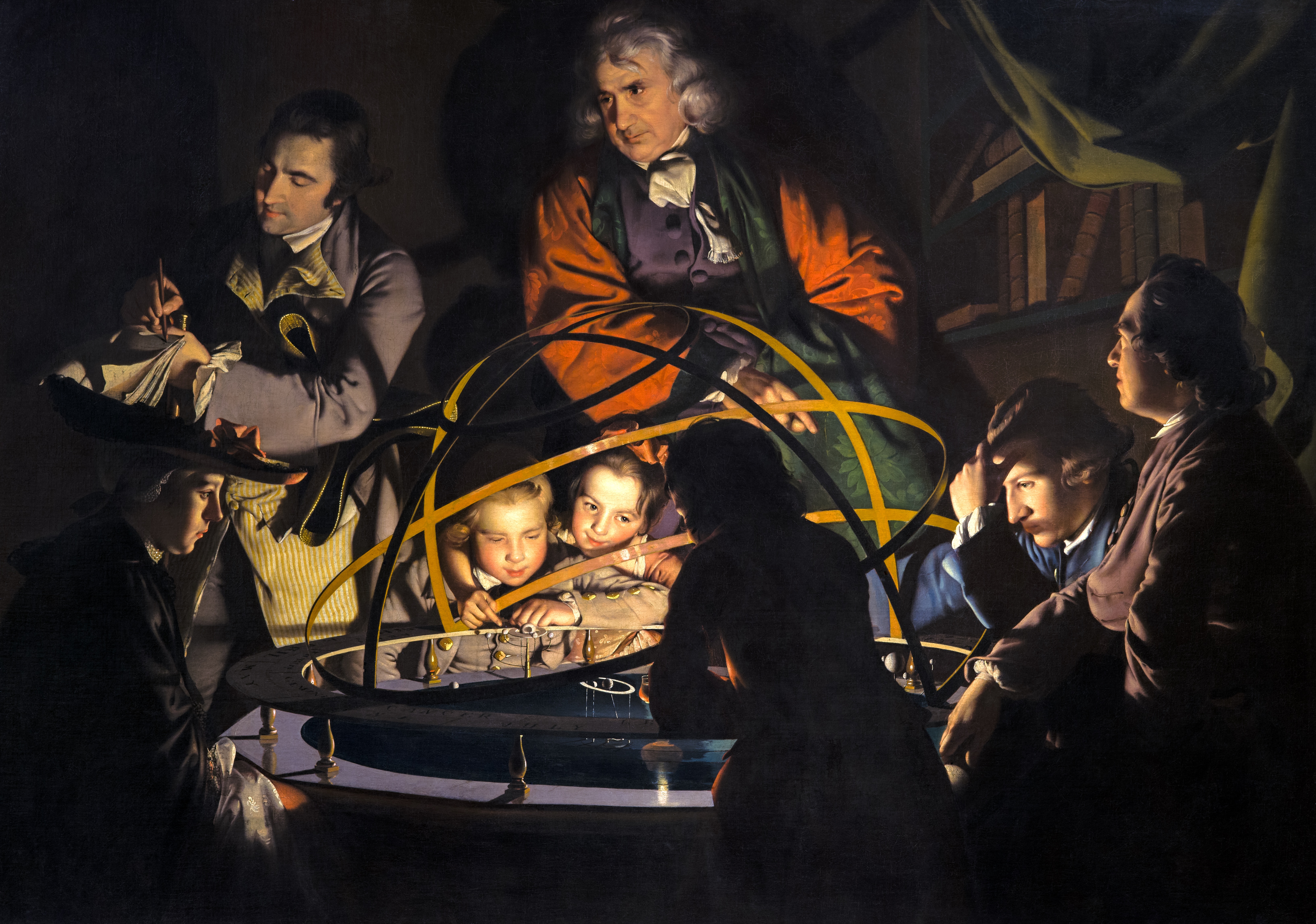Joseph Wright of Derby's painting A Philosopher Giving a Lecture on the Orrery, with listeners gathered around an illuminated model of the solar system.