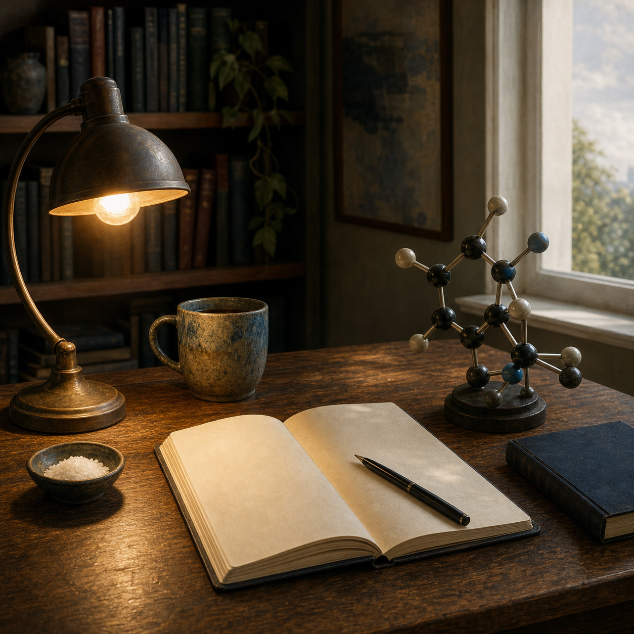 AI-generated editorial illustration of a professor's desk with a small glowing lamp, a blank notebook, and a scientific model in balanced still life.