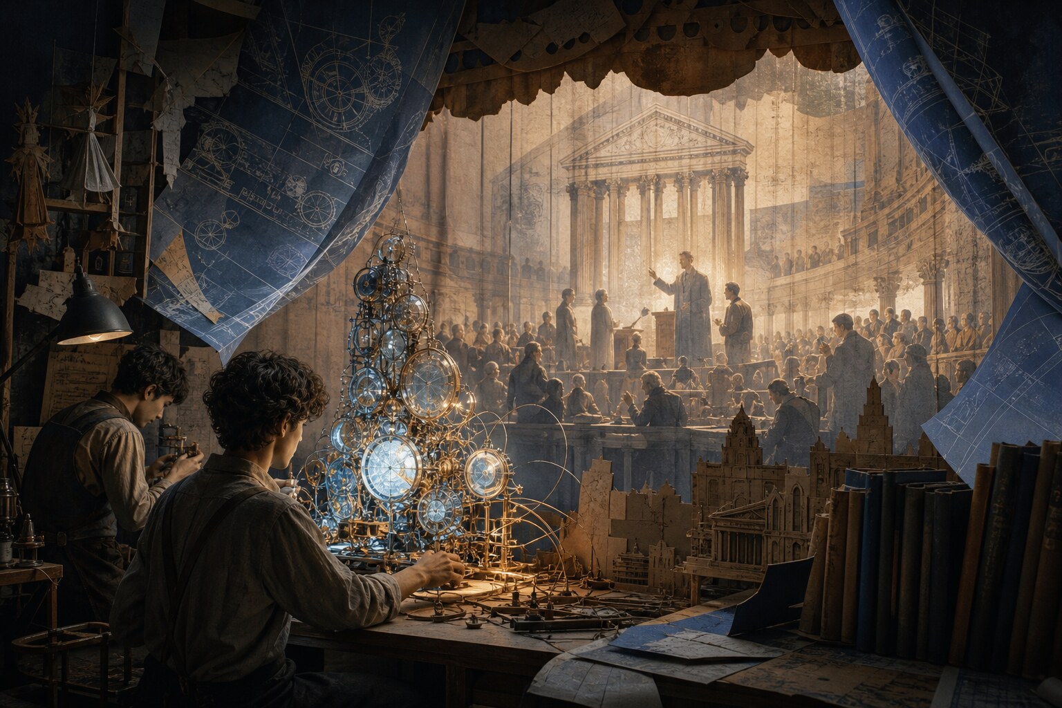 AI-generated surreal collage of technical students building a glowing machine behind the scenes while a distant civic hall towers beyond a translucent scrim.