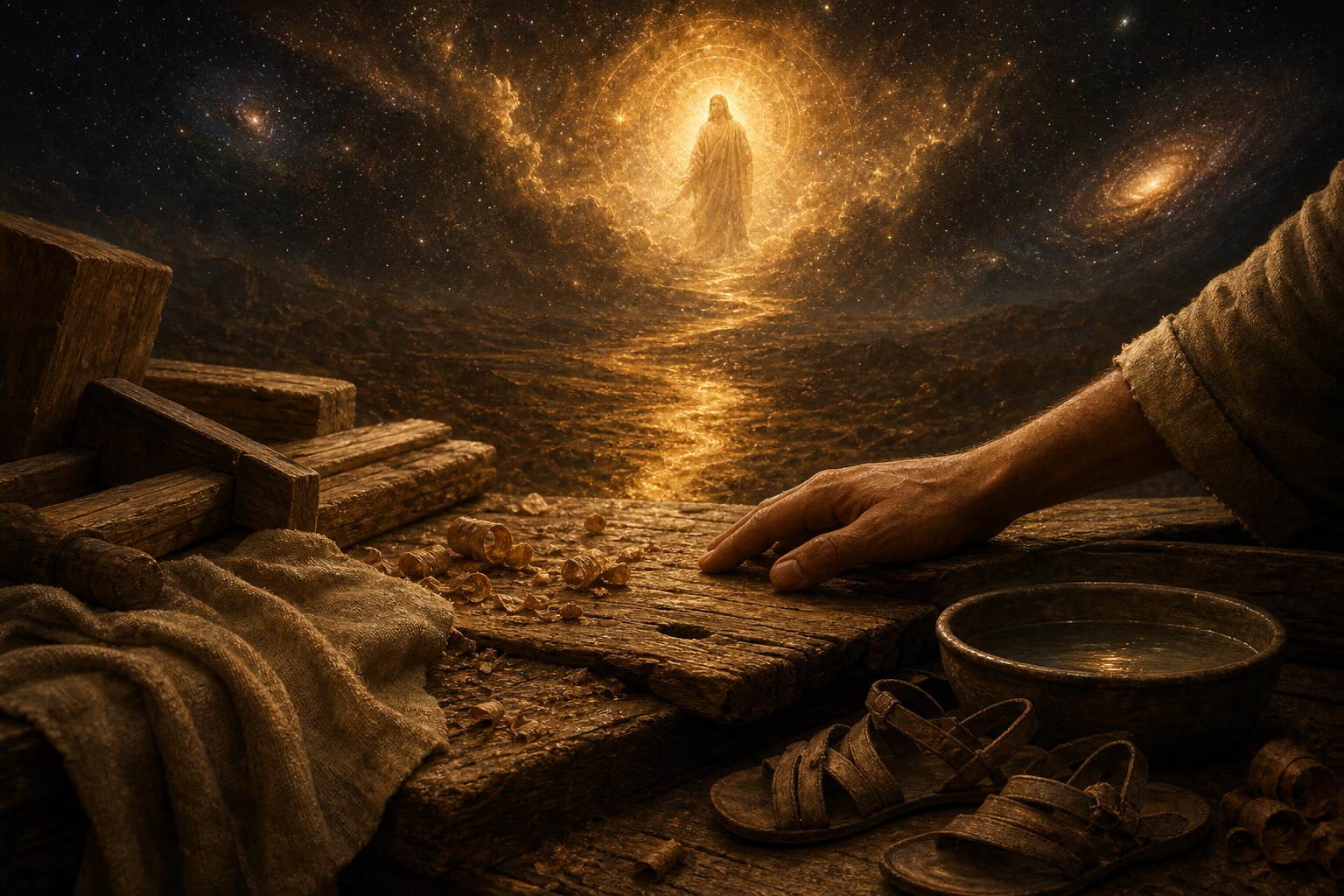 AI-generated contemplative image of distant golden light resolving into a carpenter's workbench, rough wood shavings, a basin, sandals, and a human hand.
